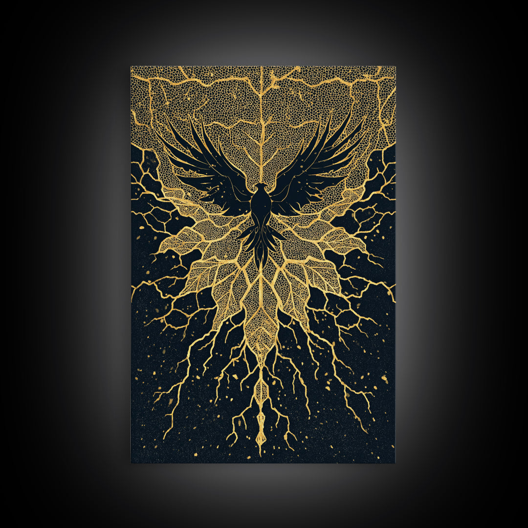 Black And Gold Bird With Roots Wall Art, Spiritual Wall Decor, Mystical Wall Art, Elegant Home Decor, Unique Canvas Art Print