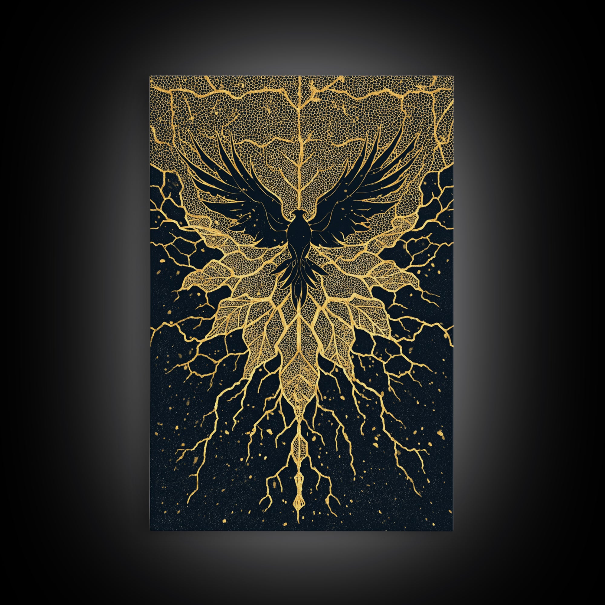 Black And Gold Bird With Roots Wall Art, Spiritual Wall Decor, Mystical Wall Art, Elegant Home Decor, Unique Canvas Art Print
