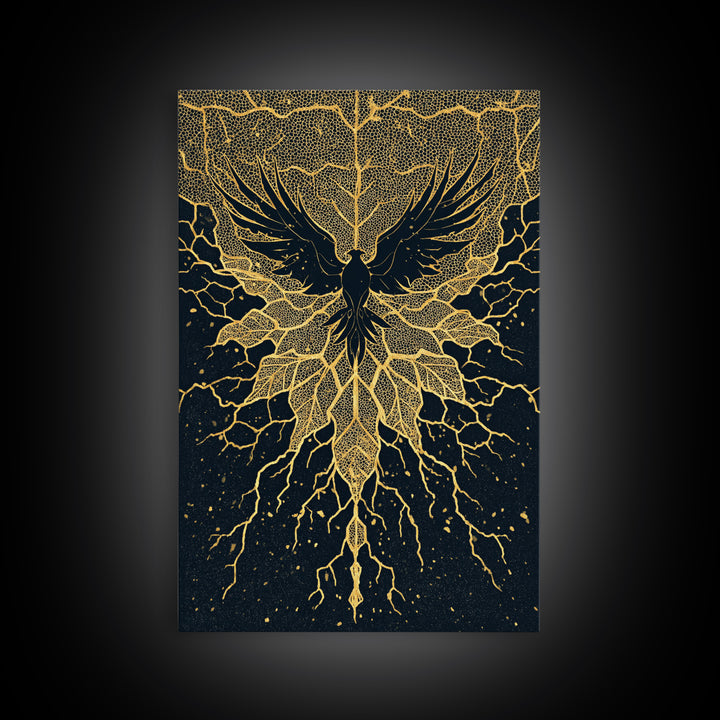 Black And Gold Bird With Roots Wall Art, Spiritual Wall Decor, Mystical Wall Art, Elegant Home Decor, Unique Canvas Art Print