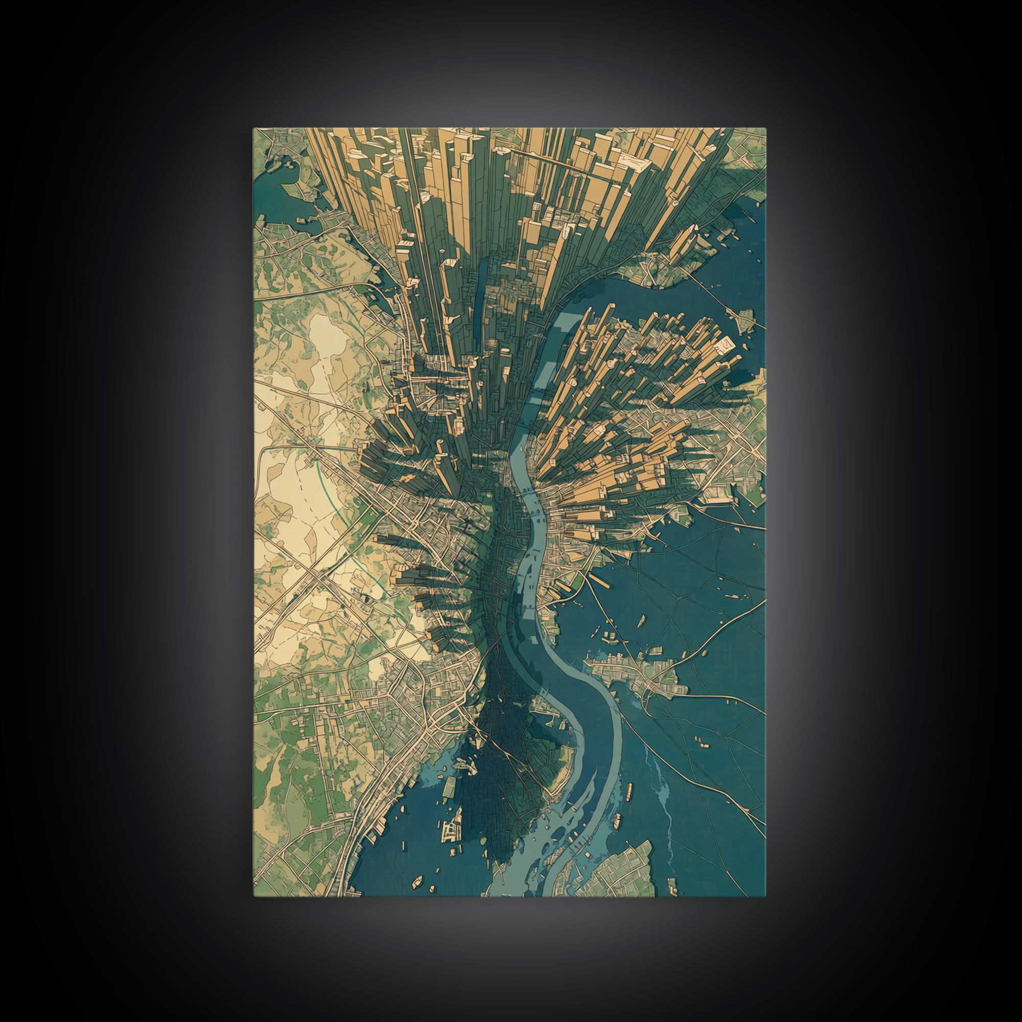 Aerial City Map Canvas Print, Urban Wall Art, Modern Architecture Poster, Teal And Gold Art, Office Decor, Statement Wall Art
