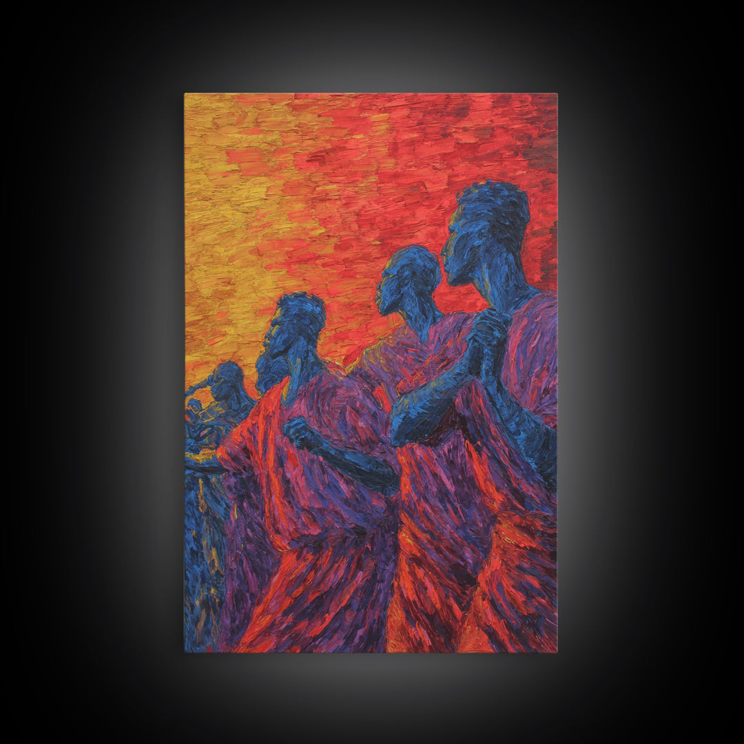 Blue African Figures At Sunset Wall Art, African Women Art, Cultural Art Print, Colorful African Art, Living Room Decor Gift