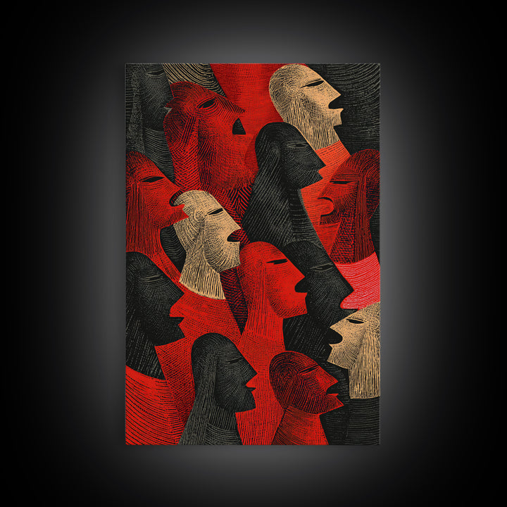 Red And Black Tribal Profile Faces, African Wall Art, Abstract African Art Print, Afrocentric Decor, Modern Canvas Print