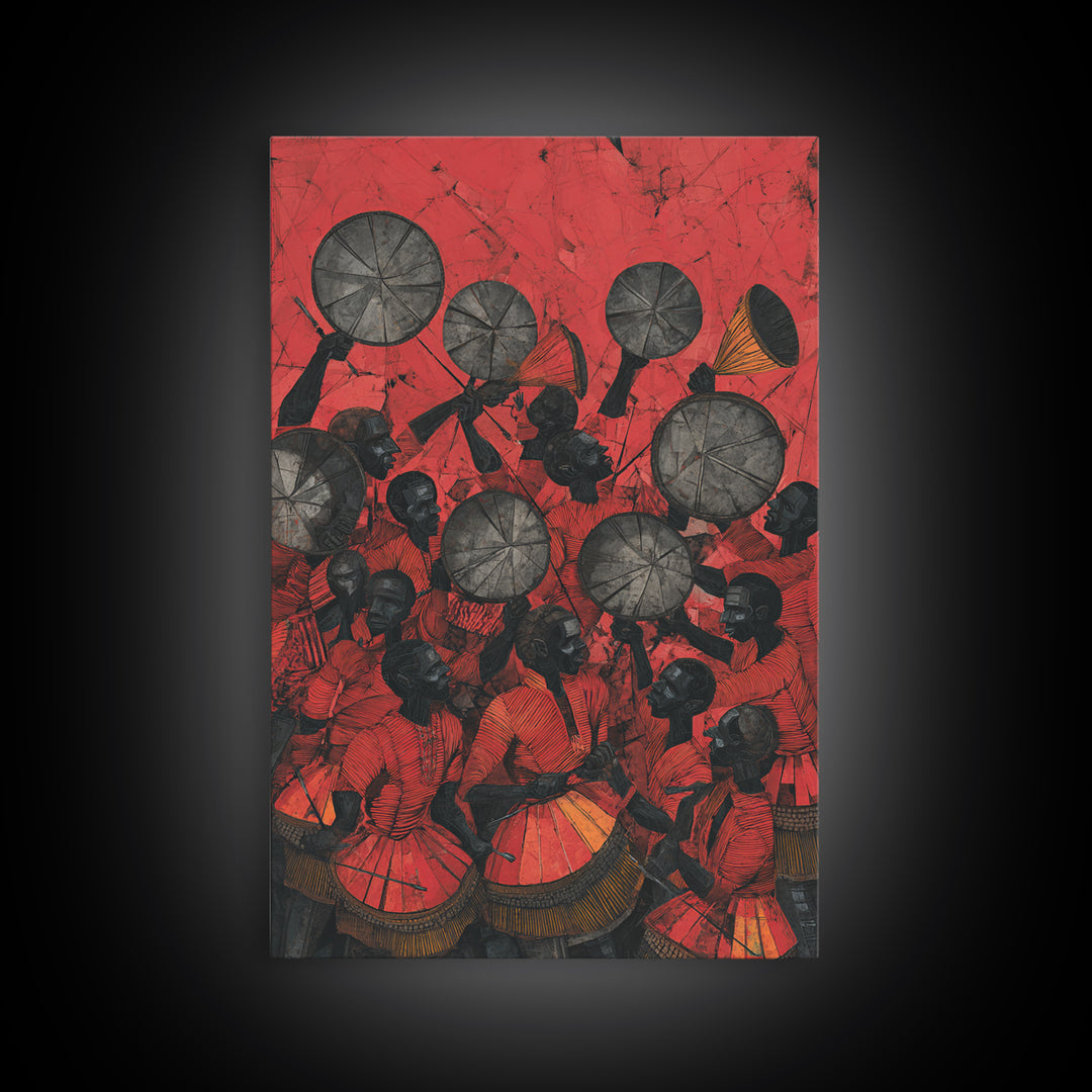 Red Drummers And Round Shields Celebration, African Wall Art, Tribal Art Print, Cultural Home Decor, Vibrant Canvas Print
