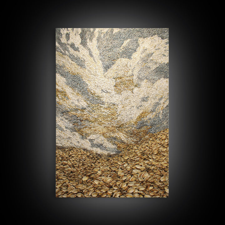 Golden Pebble Hills And Swirling Clouds, Nature Scene Wall Art, Earth Tone Art Print, Textured Boho Home Decor, Canvas Print