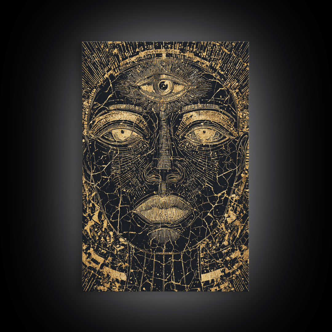 Golden Third Eye African Mask Face, African Wall Art, Ancient African Art Print, Black And Gold Mystical Decor, Canvas Print