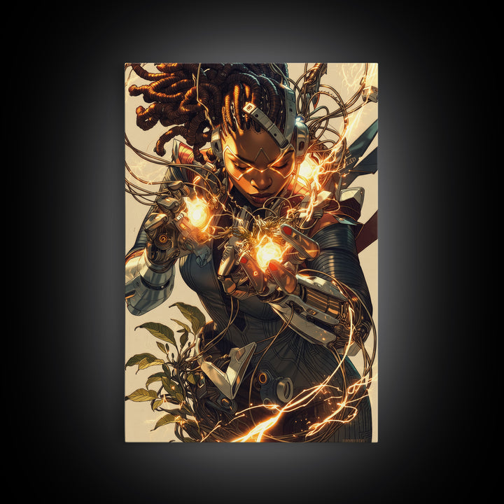 Cyberpunk African Warrior Woman Framed Canvas Print, Afrofuturism Wall Decor, Black Girl Magic, Futuristic Energy Art Gift