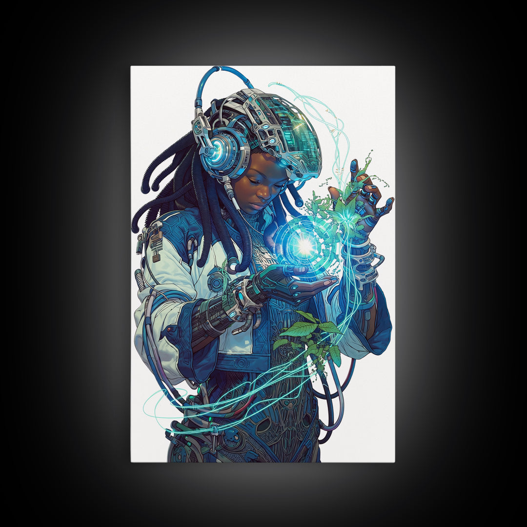 Futuristic African Woman With Glowing Orb Canvas Print, Afrofuturism Decor, Black Female Art, Botanical Tech Wall Art Gift