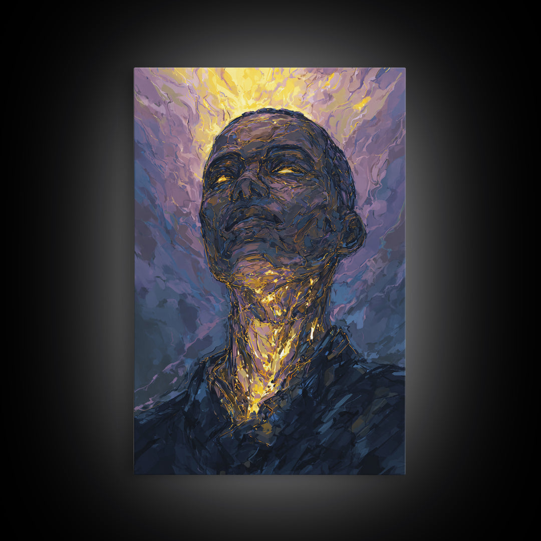 Radiant Black Man Portrait Wall Art, Gold Halo Abstract Painting, Modern African American Art, Spiritual Home Decor Gift