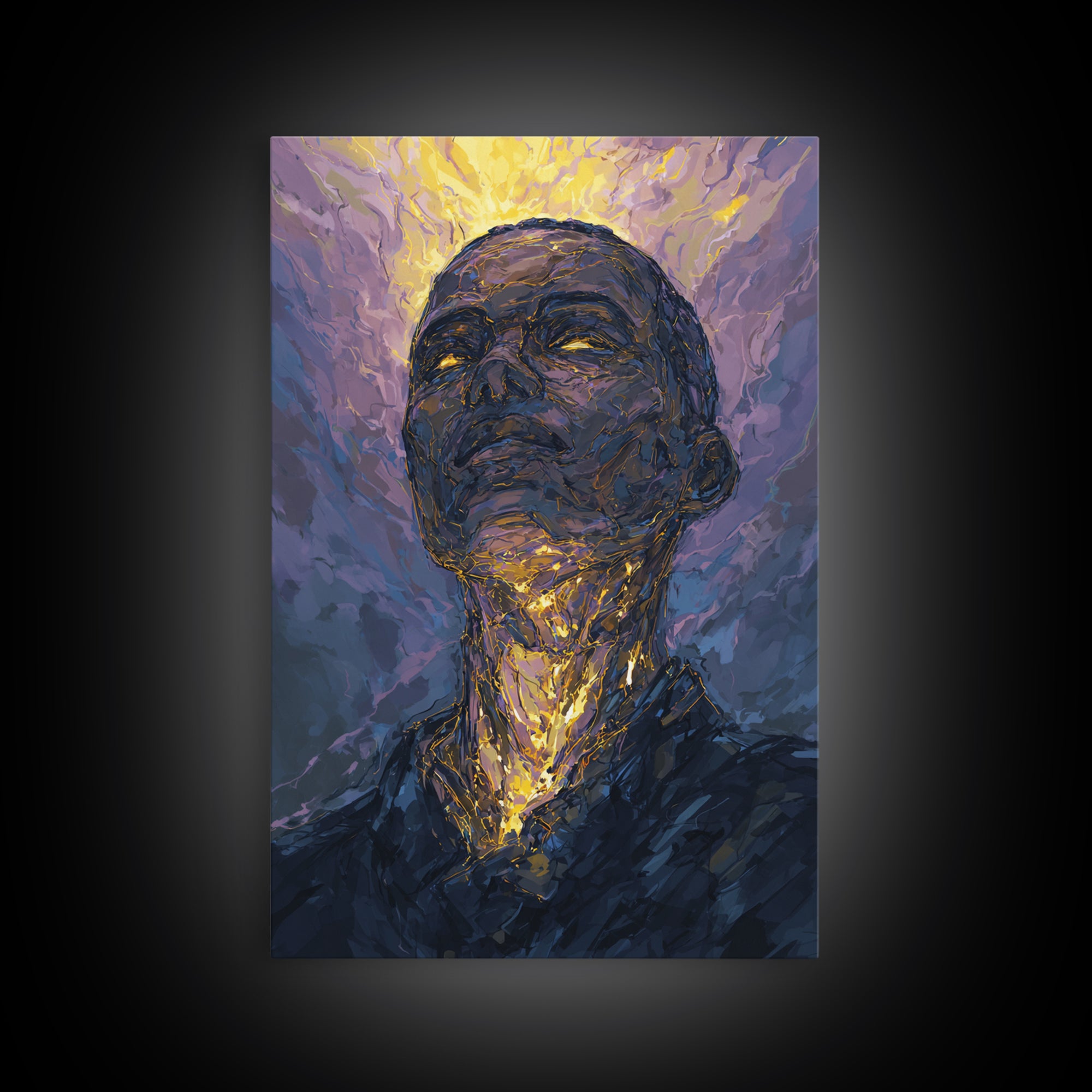 Radiant Black Man Portrait Wall Art, Gold Halo Abstract Painting, Modern African American Art, Spiritual Home Decor Gift