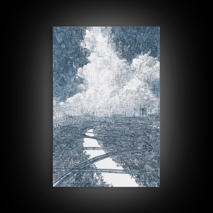 Intricate City River Cloud Wall Art, Blue Gray Urban Landscape Print, Modern Architecture Decor, Large Living Room Art Gift