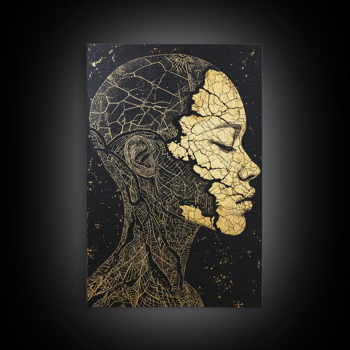 Gold Anatomical Profile Framed Canvas Print, Abstract Face Art, Black And Gold Wall Decor, Luxury Modern Portrait Gift For Him