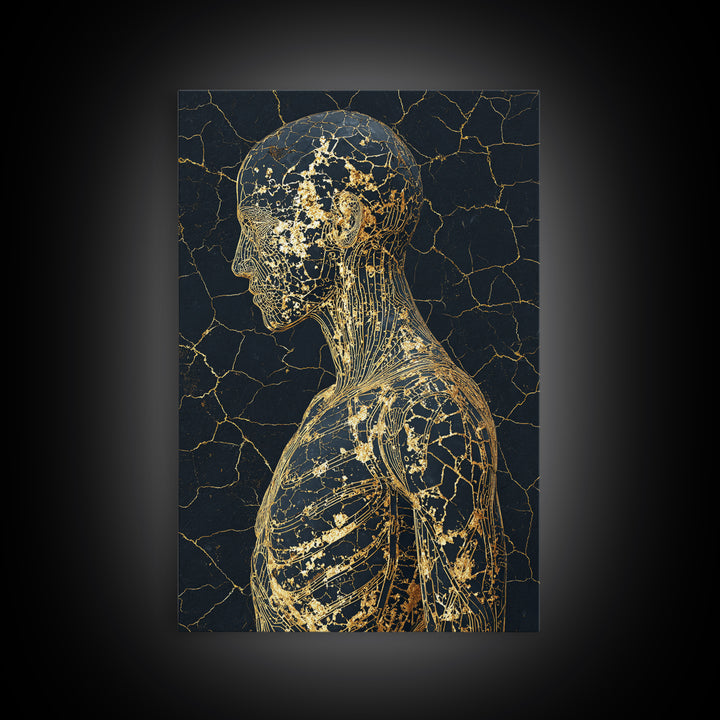 Gold Line Anatomical Figure Wall Art, Abstract Black Art, Luxury Canvas Decor, Modern Minimalist Portrait, Gift For Him Decor