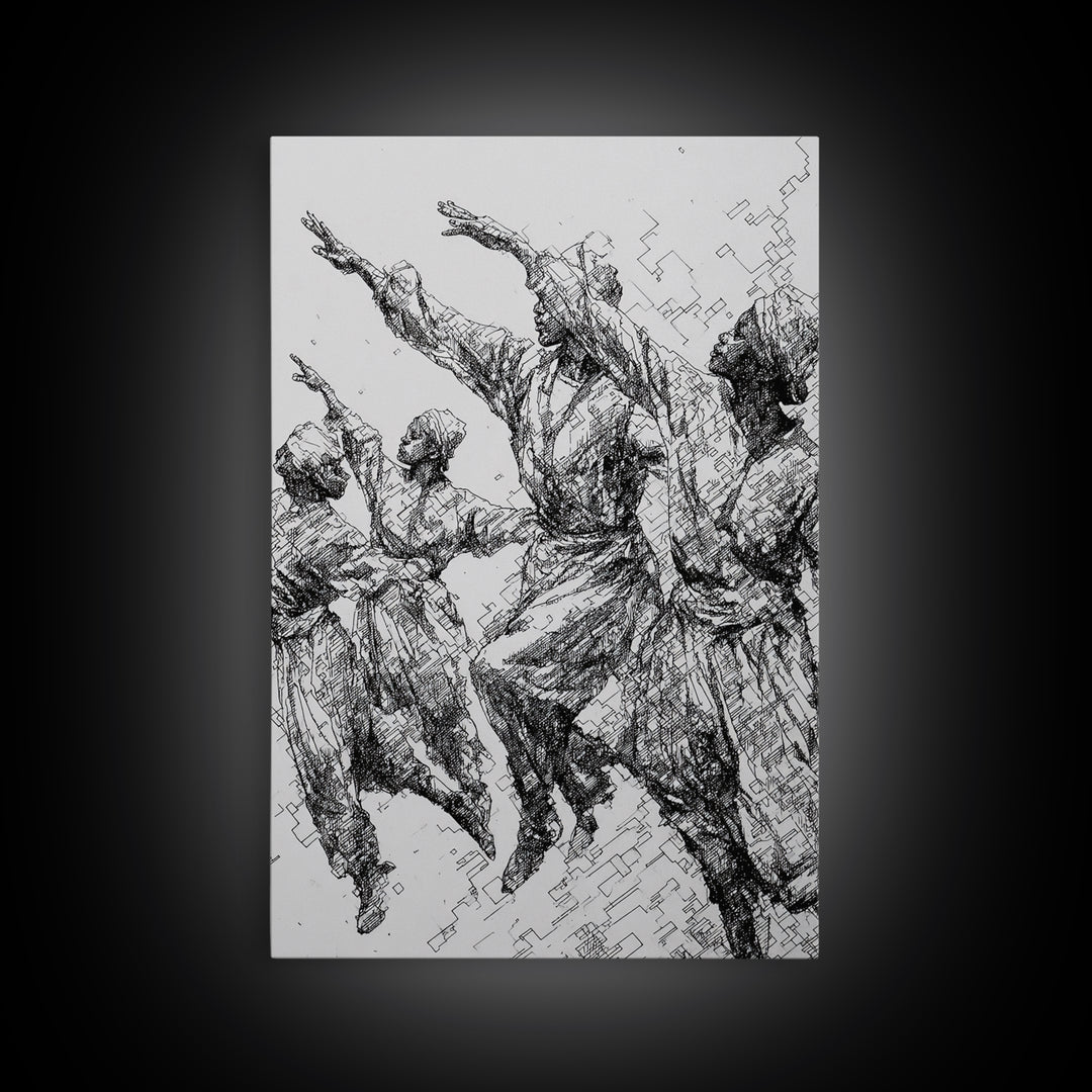 Leaping African Dancers Ink Sketch Wall Art, Black And White Cultural Dance Print, Afrocentric Home Decor, Gallery Art Gift