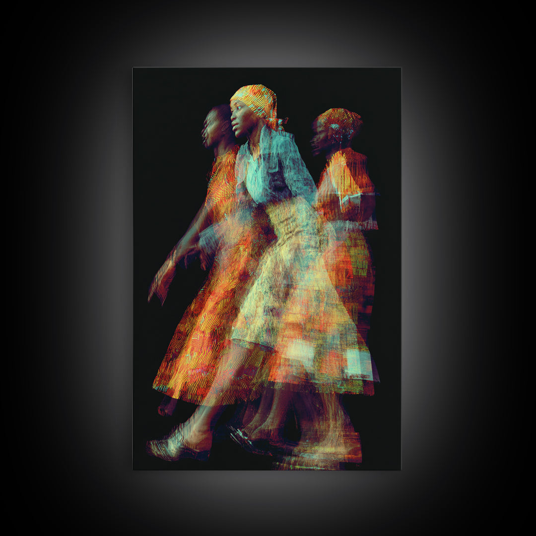 Glowing African Women In Motion Framed Canvas Print, Abstract Textile Portrait, Afrocentric Black Woman Wall Decor Art Gift