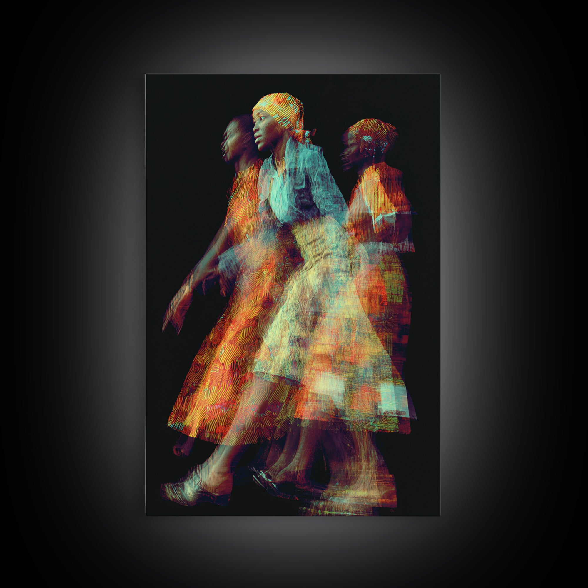 Glowing African Women In Motion Framed Canvas Print, Abstract Textile Portrait, Afrocentric Black Woman Wall Decor Art Gift