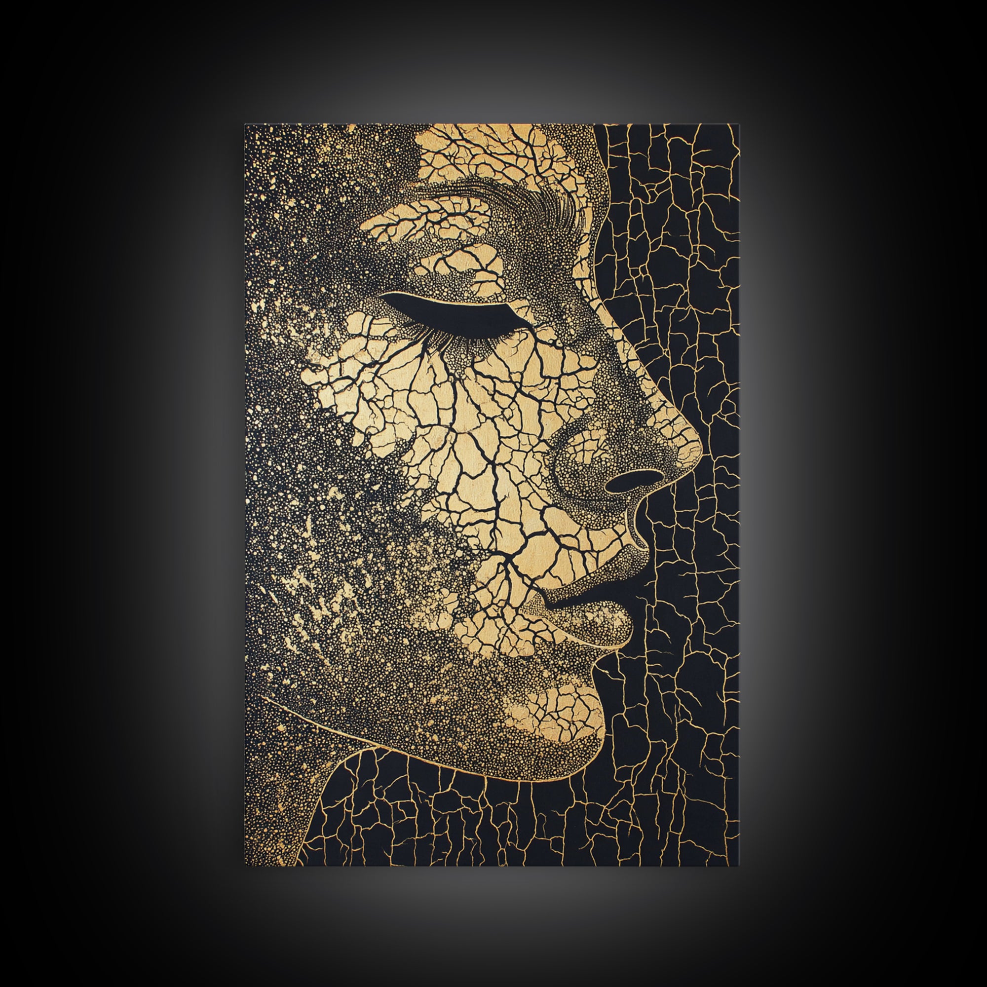 Golden Cracked African Woman Profile Wall Art, Elegant Black And Gold Portrait, Modern Afrocentric Luxury Canvas Decor Gift