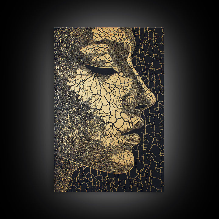 Golden Cracked African Woman Profile Wall Art, Elegant Black And Gold Portrait, Modern Afrocentric Luxury Canvas Decor Gift