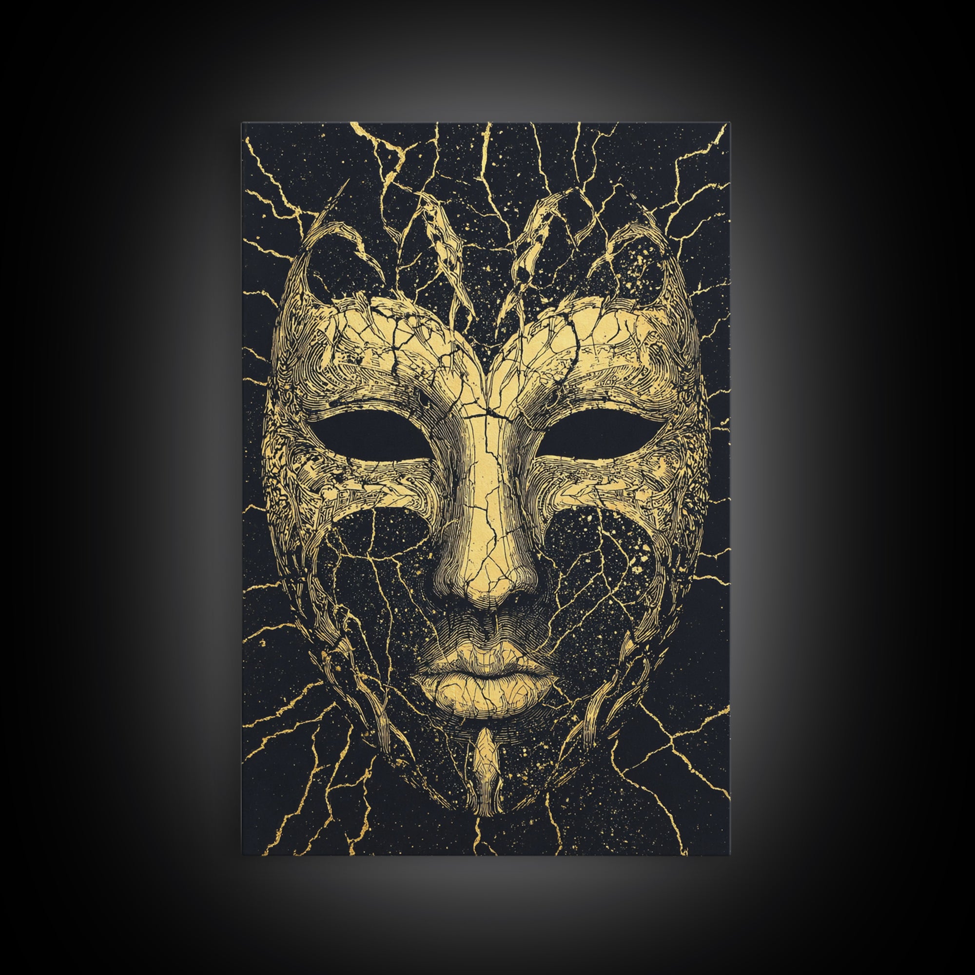 Gold African Mask Canvas Print, Black Cracked Tribal Face Art, Mystical Afrocentric Wall Decor, Unique Statement Gift For Home