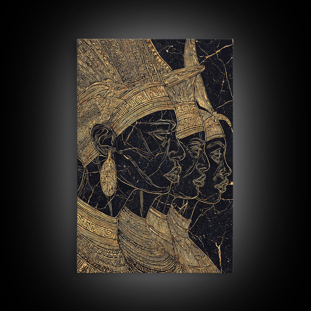 Regal African Queens Gold Line Wall Art, Black And Gold Headdress Portraits, Egyptian Inspired Afrocentric Cultural Home Decor Gift