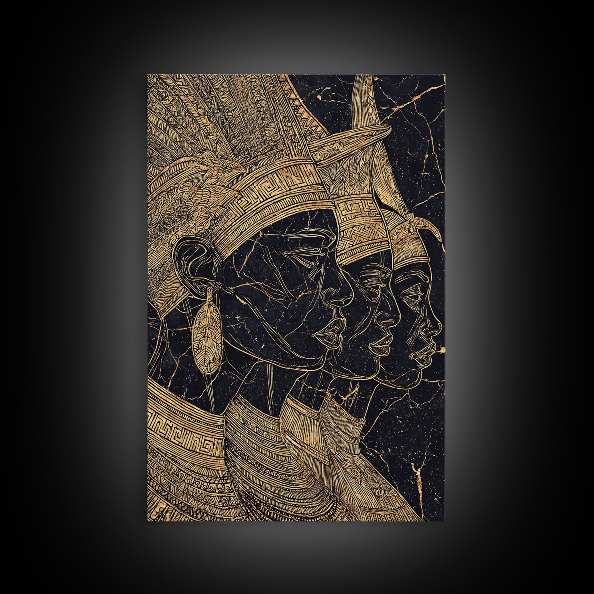 Regal African Queens Gold Line Wall Art, Black And Gold Headdress Portraits, Egyptian Inspired Afrocentric Cultural Home Decor Gift