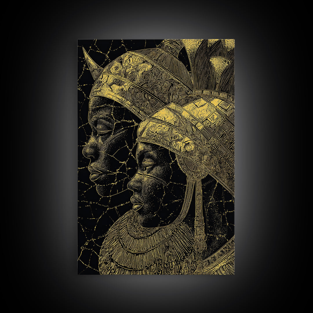 Black And Gold African Queen Profiles Framed Canvas Print, Afrocentric Wall Decor, Tribal Portrait, Elegant Home Art, Luxury Gift