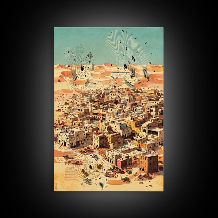 Desert City With Abstract Sound Waves Wall Art, North African Landscape Print, Modern Travel Poster, Earth Tone Home Decor