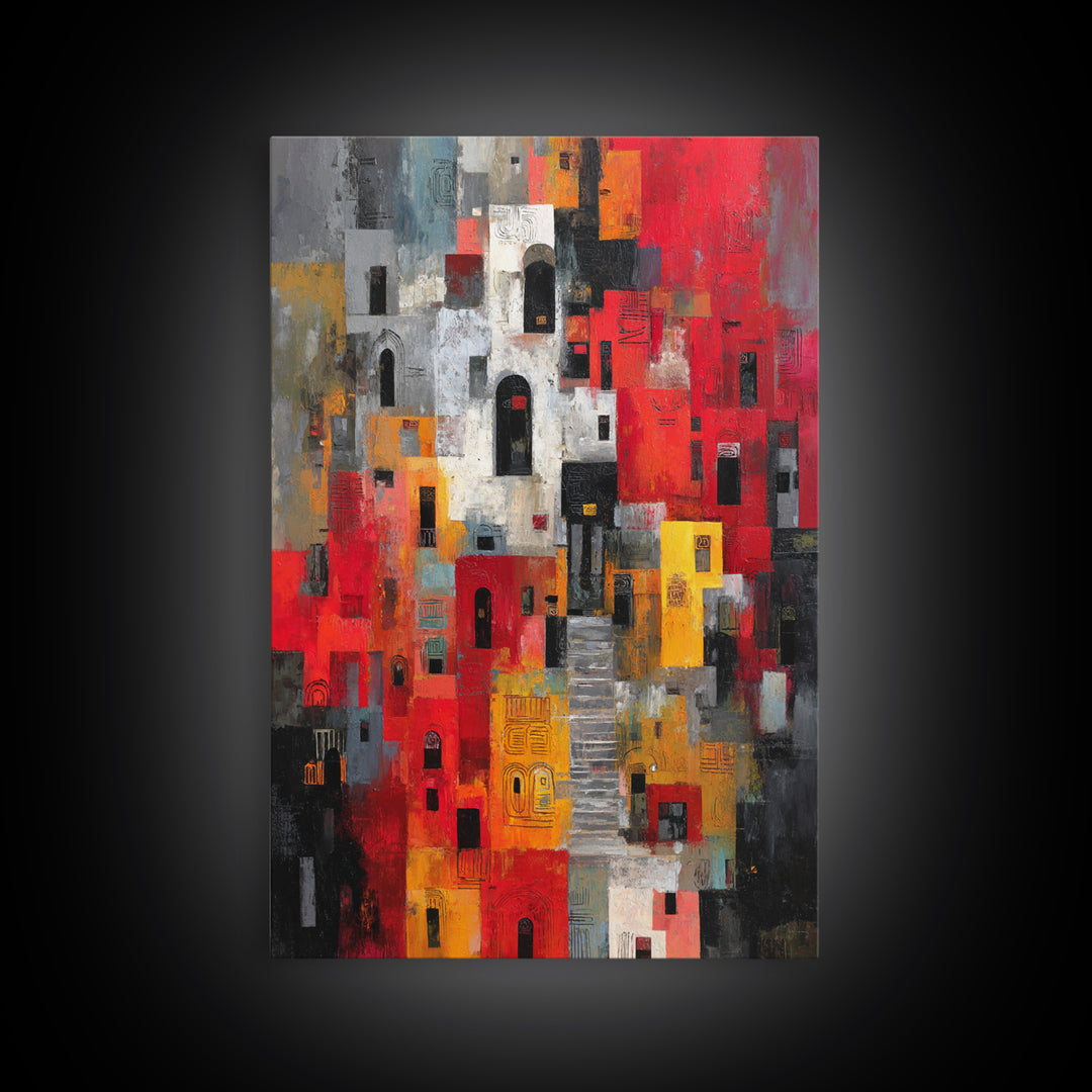Red Black Abstract City Facades Framed Canvas Print, Modern African Wall Art, Urban Architecture Decor, Bold Home Decor Art