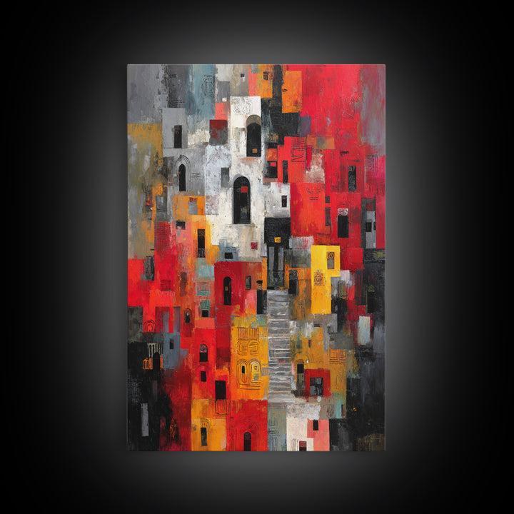 Red Black Abstract City Facades Framed Canvas Print, Modern African Wall Art, Urban Architecture Decor, Bold Home Decor Art