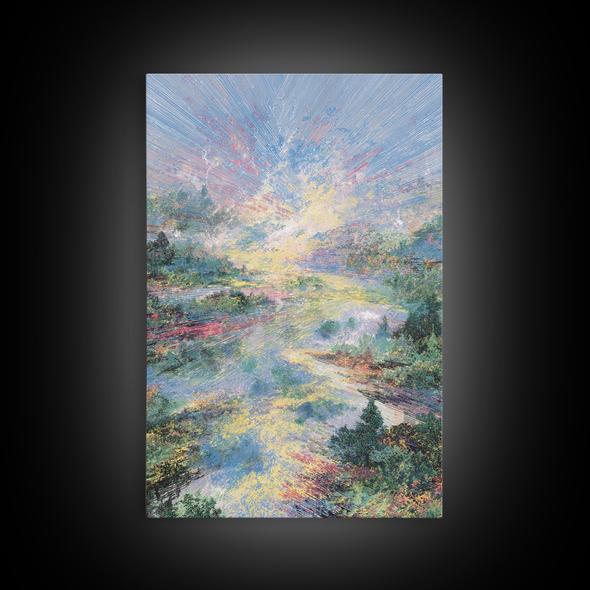 Luminous River Sunrise Landscape Framed Canvas Print, Dreamy Wall Art, Nature Scene Art, Serene Living Room Decor, Home Decor Gift