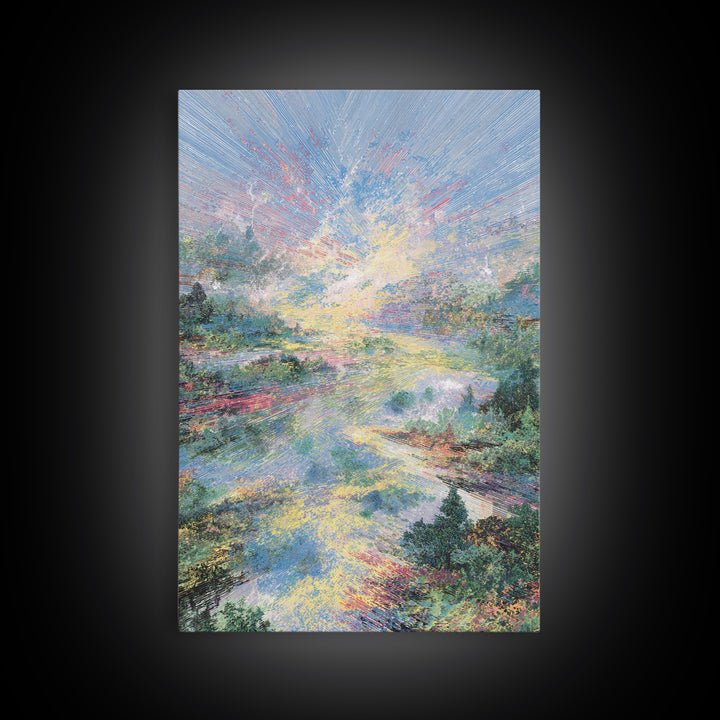 Luminous River Sunrise Landscape Framed Canvas Print, Dreamy Wall Art, Nature Scene Art, Serene Living Room Decor, Home Decor Gift