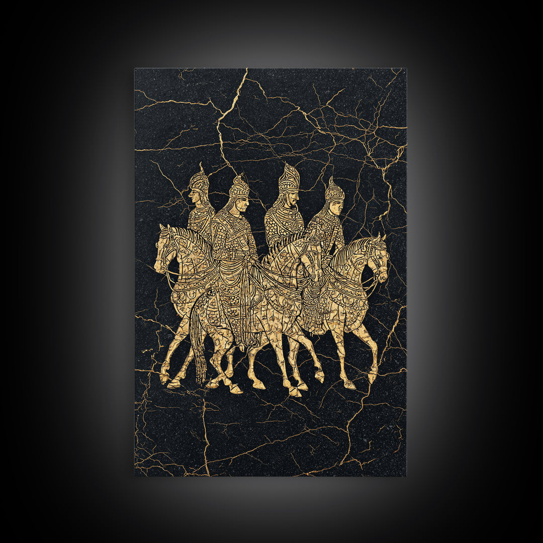 Golden African Horse Warriors On Black Stone Wall Art, African Warrior Art, Tribal Art Decor, Black Gold Canvas Decor Print