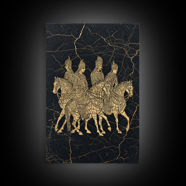 Golden African Horse Warriors On Black Stone Wall Art, African Warrior Art, Tribal Art Decor, Black Gold Canvas Decor Print