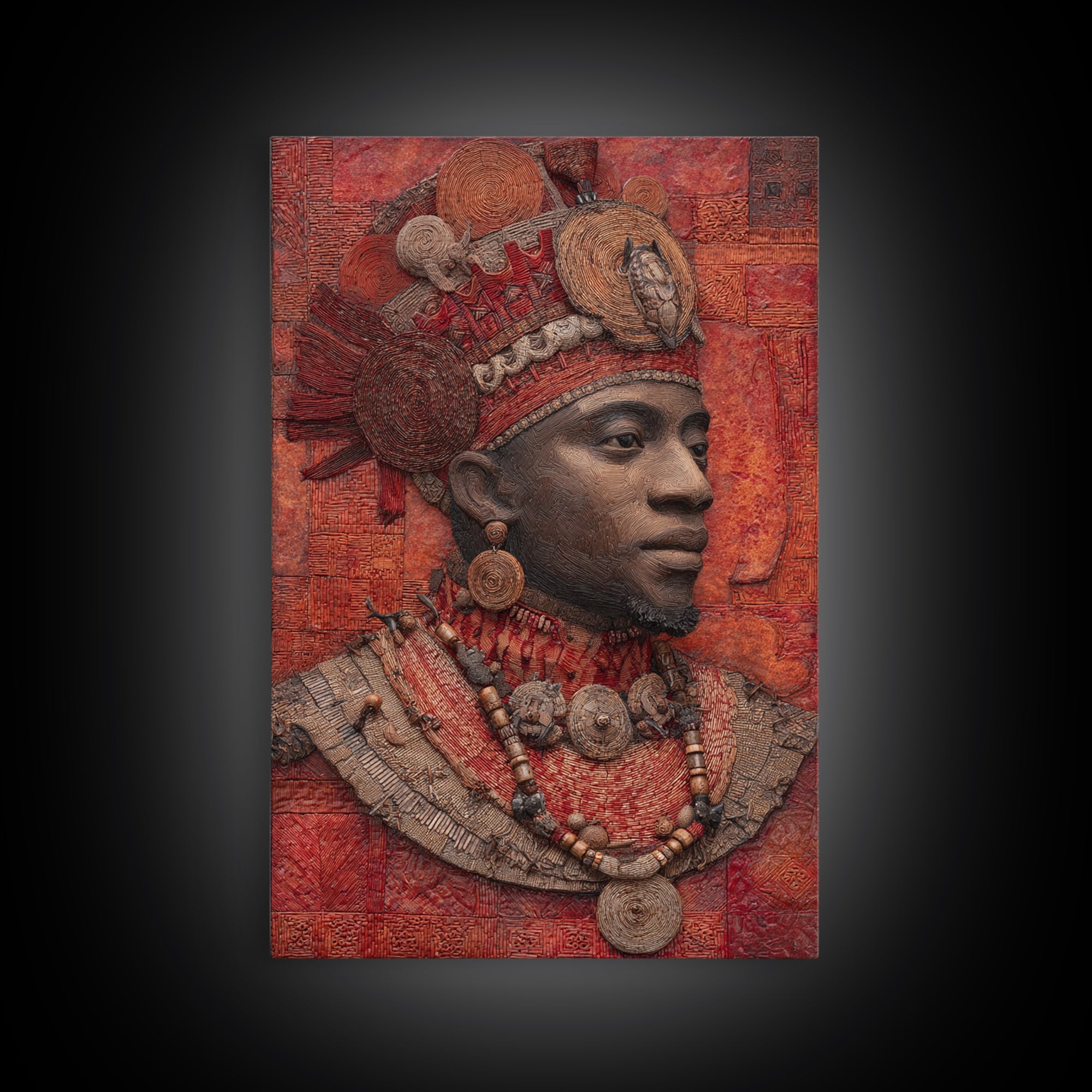 Ornate African Royal Man With Headdress Framed Canvas Print, African Portrait, Tribal Art Print, Red Cultural Wall Decor