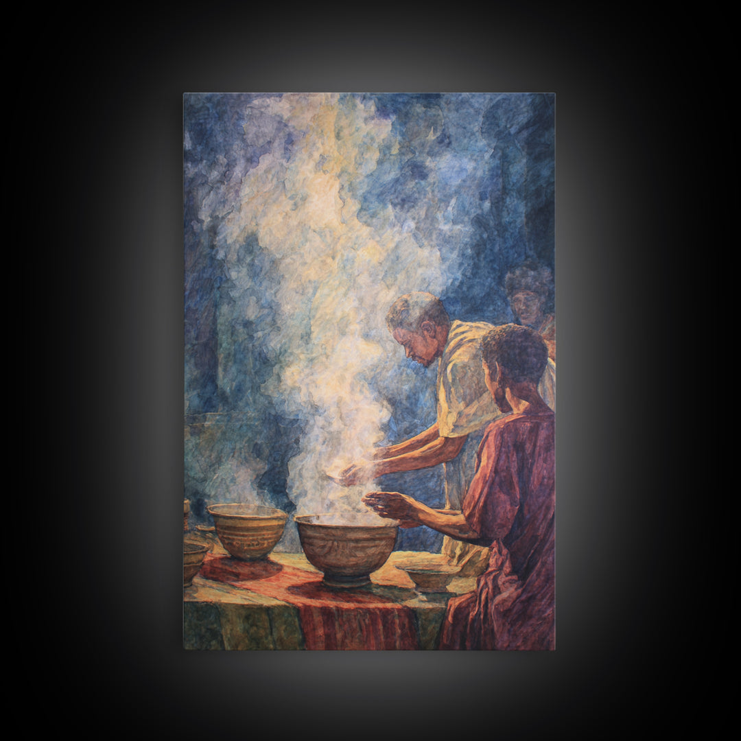 African Community Cooking Ritual With Steaming Bowls Wall Art, Cultural Home Decor, Ethnic Art Print, Warm Kitchen Poster