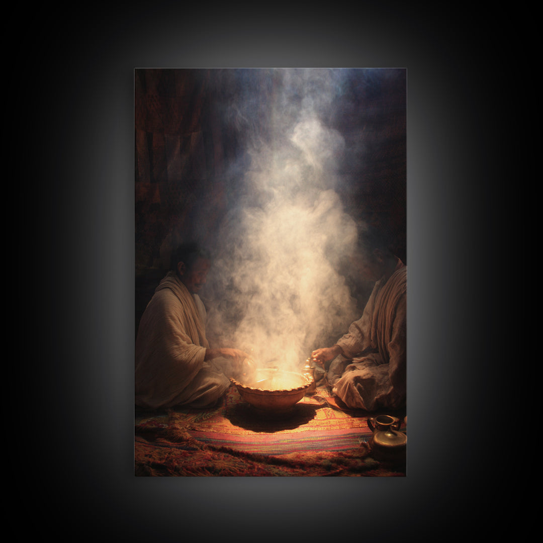 Two African Men Beside Smoky Ritual Pot Framed Canvas Print, Spiritual Wall Art, Cultural Decor, Earth Tone Home Decor Gift