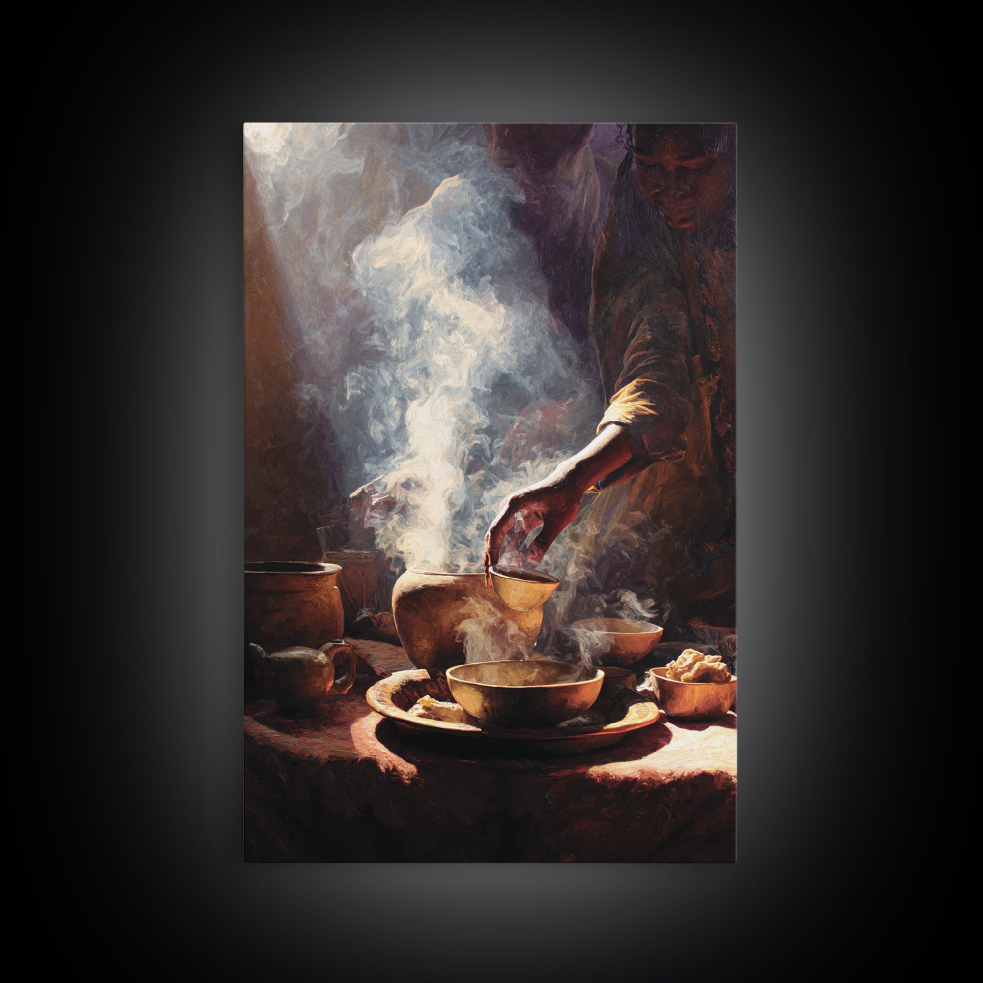 Steaming African Tea And Coffee Ceremony Still Life Canvas Print, Warm Kitchen Wall Art, Cultural Decor, Brown Black Art Decor