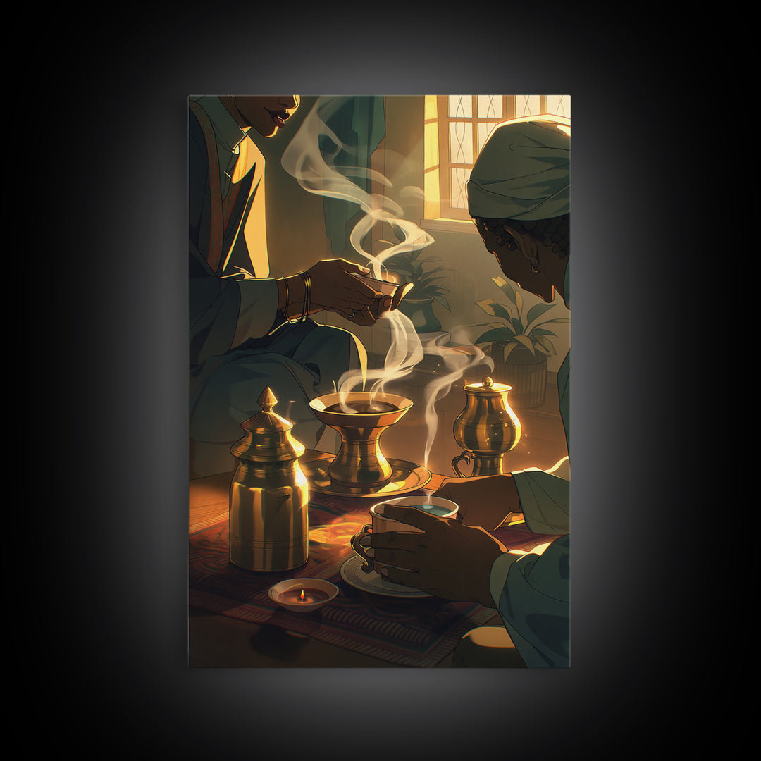 Sunlit African Tea Ceremony With Brass Vessels Wall Art, Afrocentric Decor, Boho Home Decor, Warm Cultural Canvas Print Gift