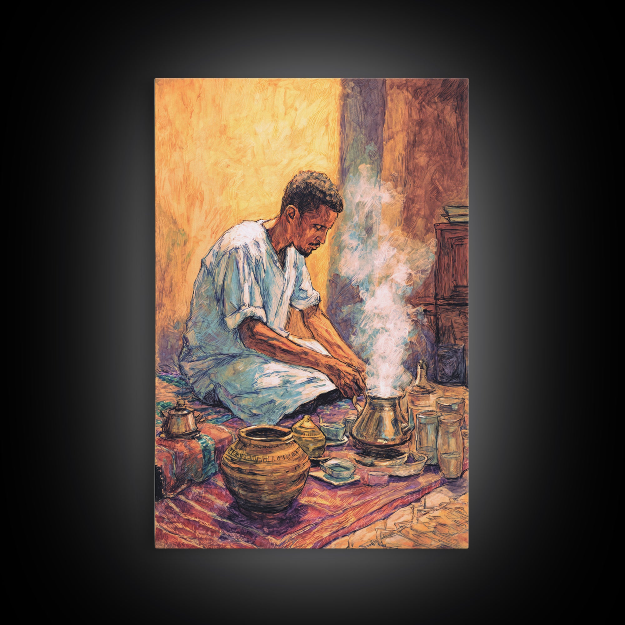 Seated African Man Preparing Smoky Coffee Canvas Print, Cultural Wall Art, Earth Tone Decor, Bohemian Home Decor Gift For Him