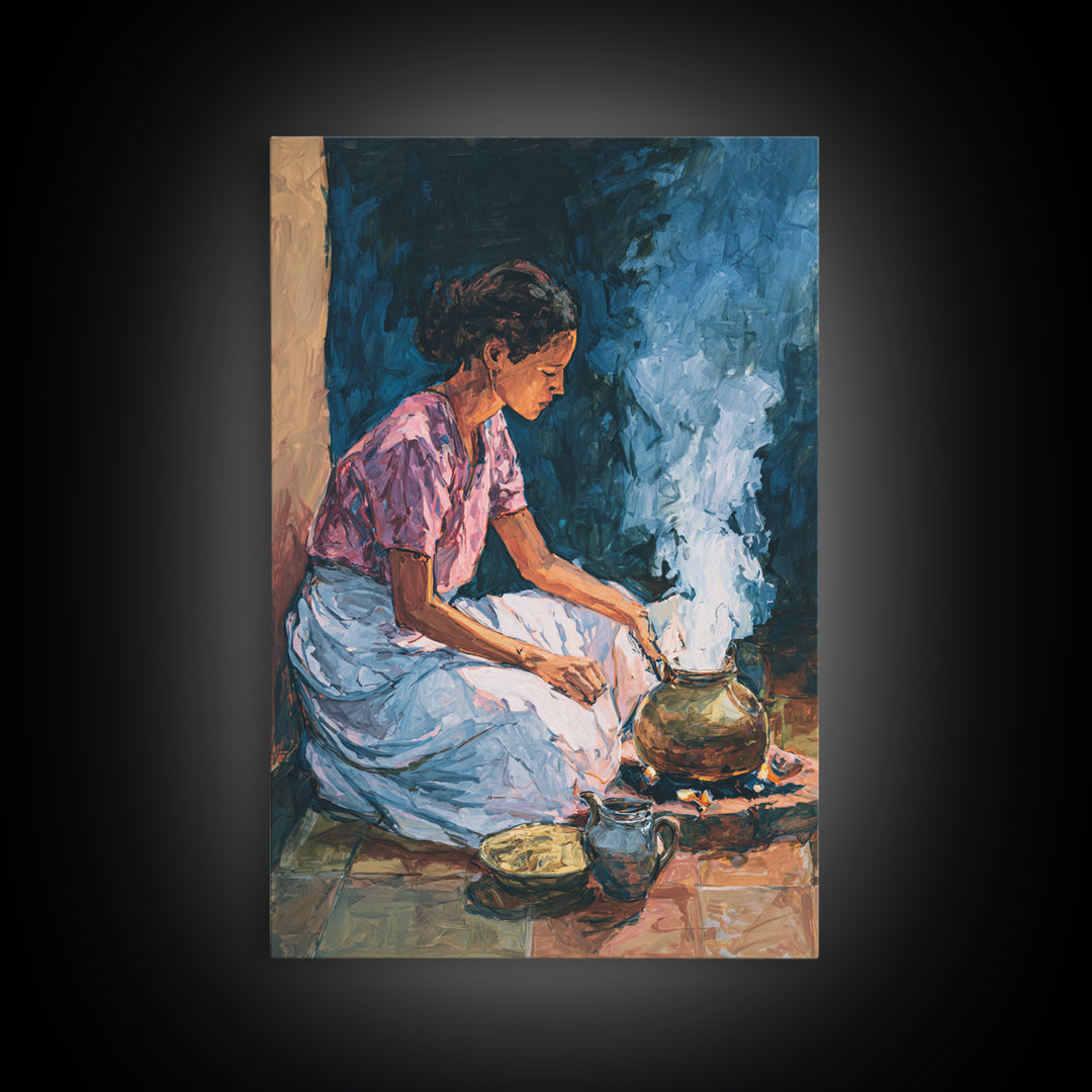 African Woman Cooking Steam Wall Art, Afrocentric Kitchen Portrait Canvas Print, Cultural Home Decor, Gift For Her, Blue Orange Painting