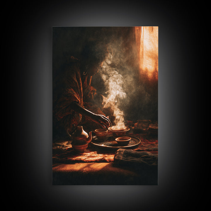 Moody African Woman Tea Ritual Wall Art, Incense Smoke Canvas Print, Afrocentric Decor, Black Culture Art, Gift For Her, Home Decor