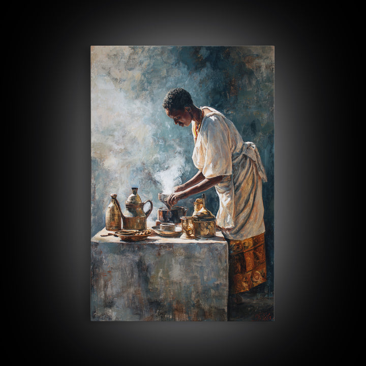 African Man Coffee Ceremony Wall Art, Ethiopian Tea Service Canvas Print, Cultural Portrait, Afrocentric Home Decor, Gift
