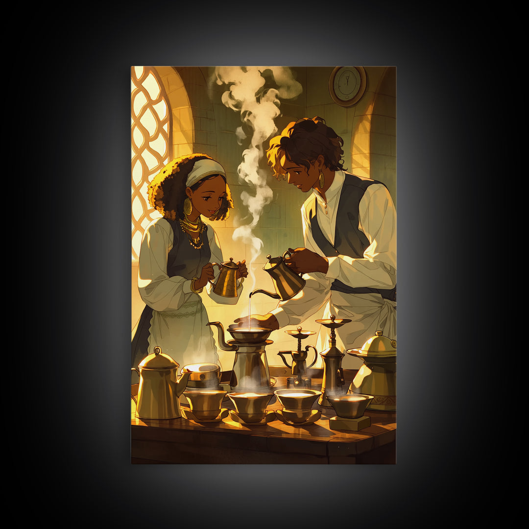 African Couple Tea Ceremony Wall Art, Golden Kitchen Canvas Print, Afrocentric Romance Decor, Black Love Art, Wedding Gift