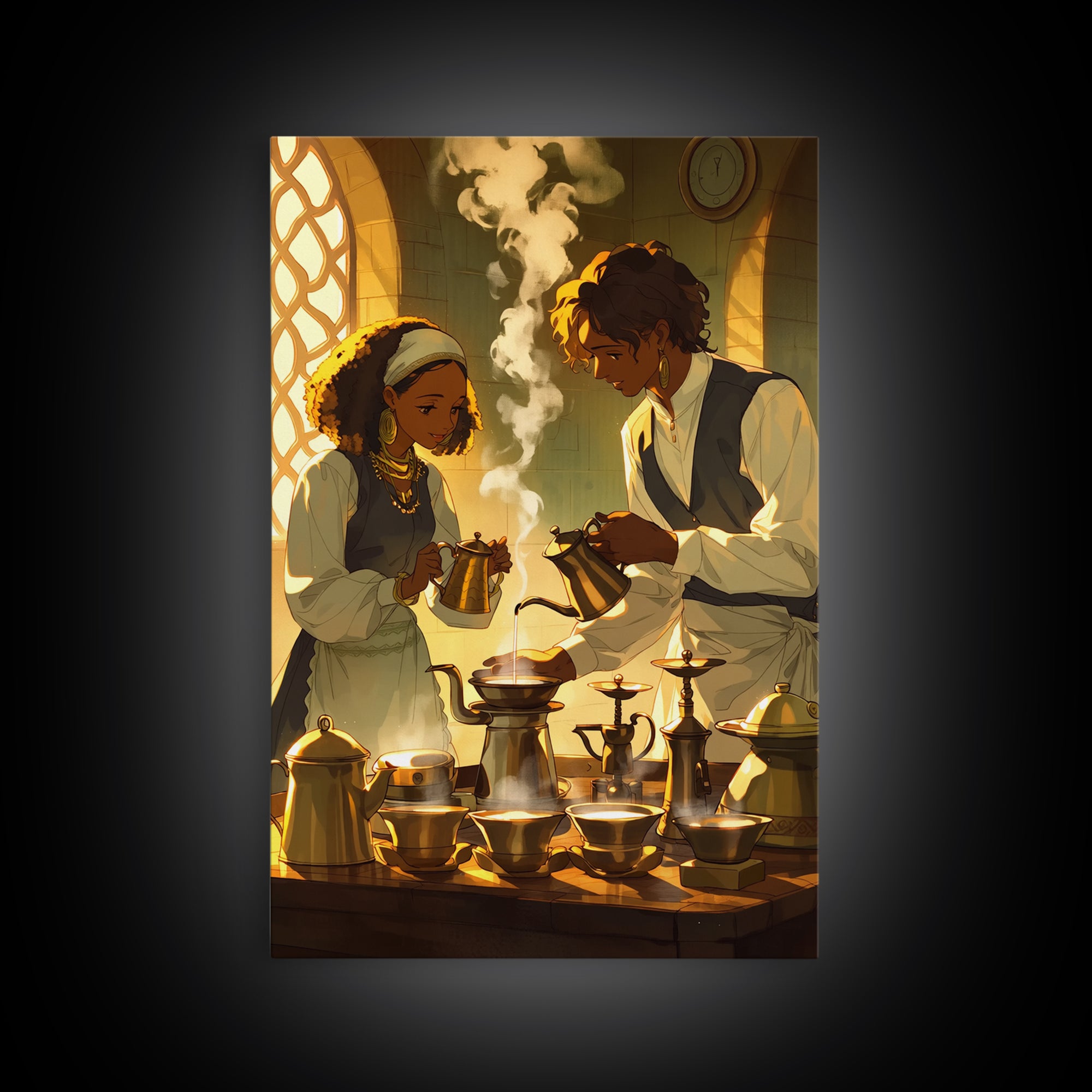 African Couple Tea Ceremony Wall Art, Golden Kitchen Canvas Print, Afrocentric Romance Decor, Black Love Art, Wedding Gift