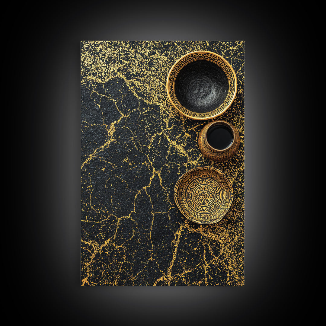 Black Gold Vessels Texture Wall Art, African Inspired Canvas Print, Abstract Ethnic Art, Luxury Kitchen Decor, Home Decor Gift