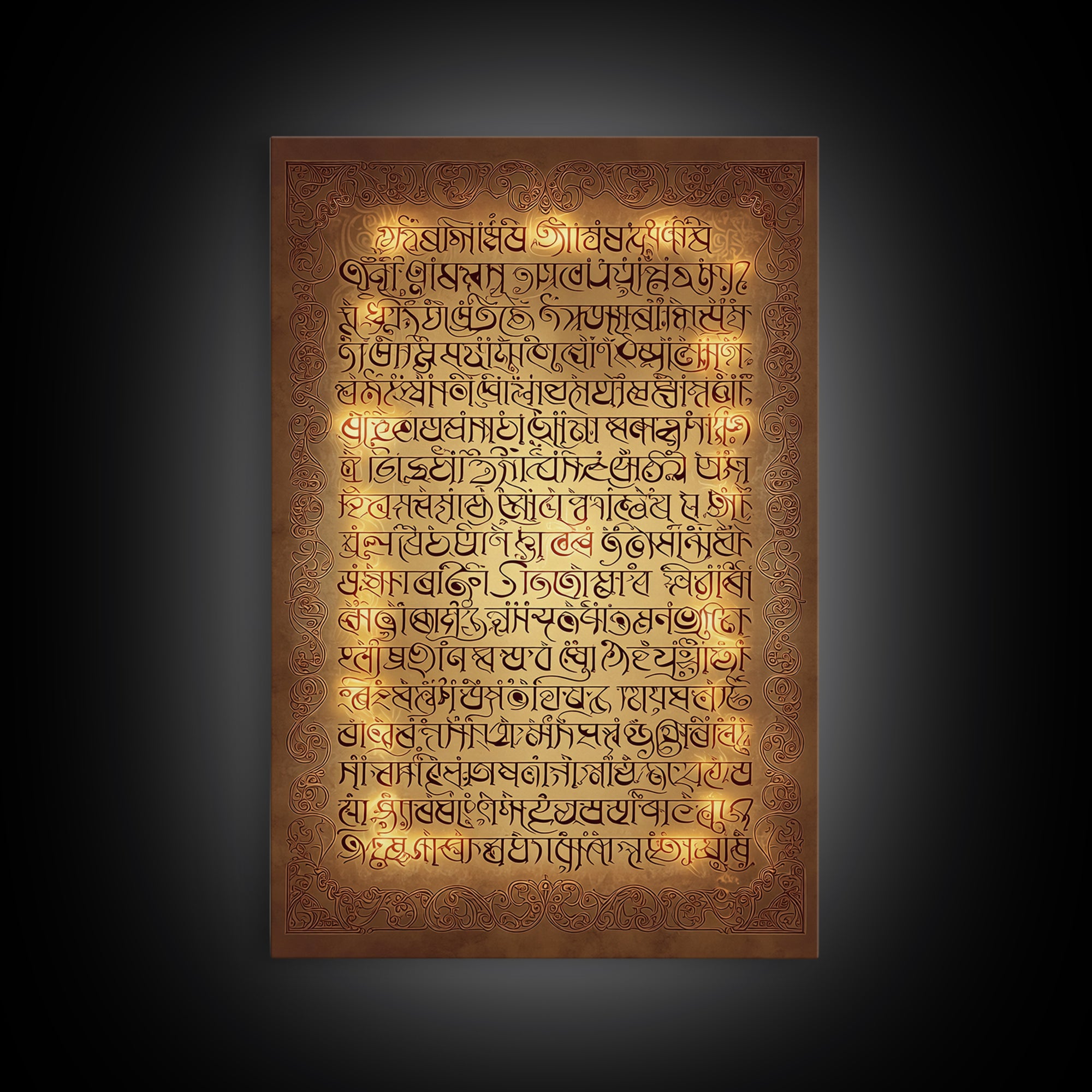 Ornate Sacred Manuscript Wall Art, Bronze Gold Canvas Print, Ancient Script Decor, Spiritual Cultural Art, Home Decor Gift