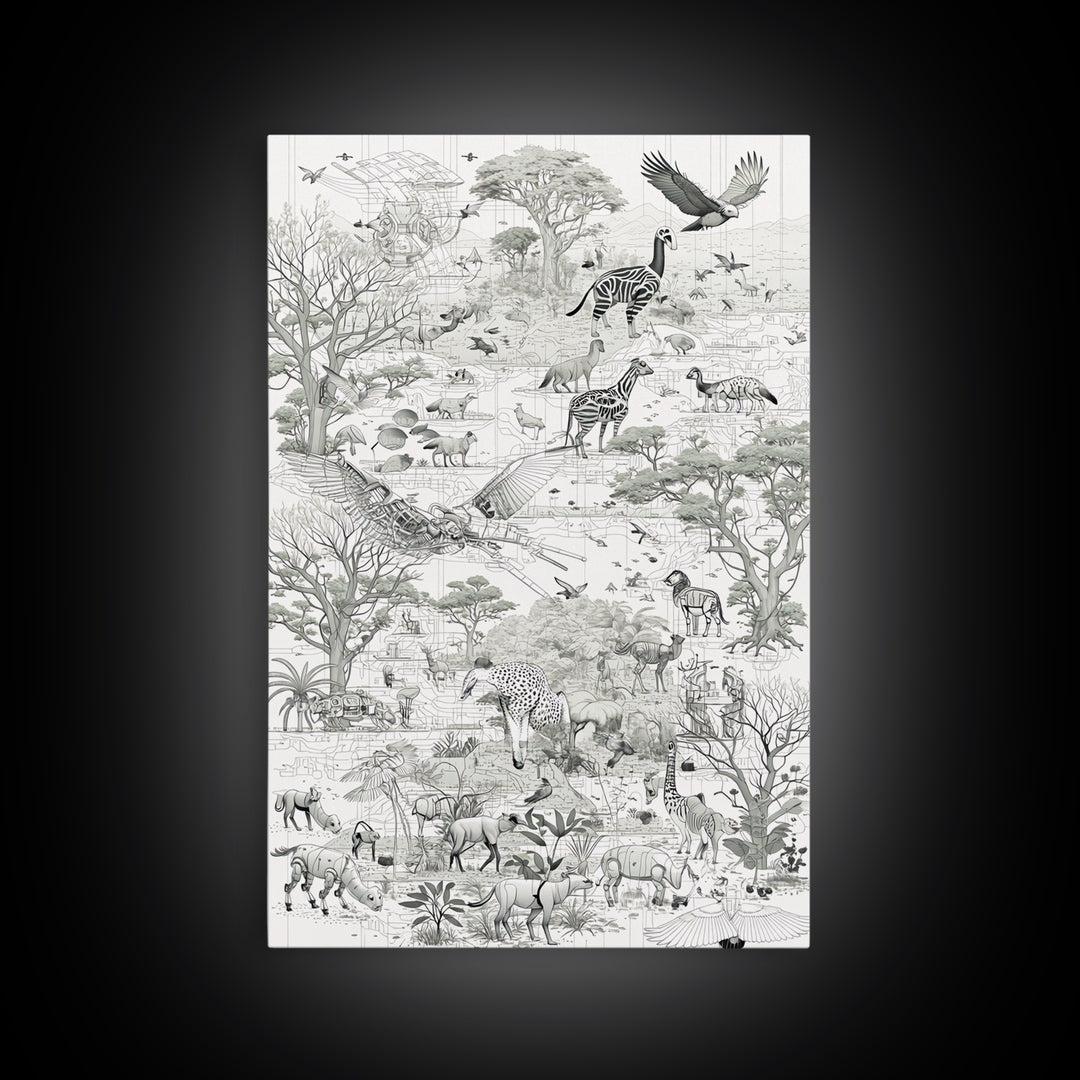 Intricate Monochrome African Safari Map Wall Art, Serengeti Animals, Elephant, Zebra, Giraffe, Travel Inspired Home Decor