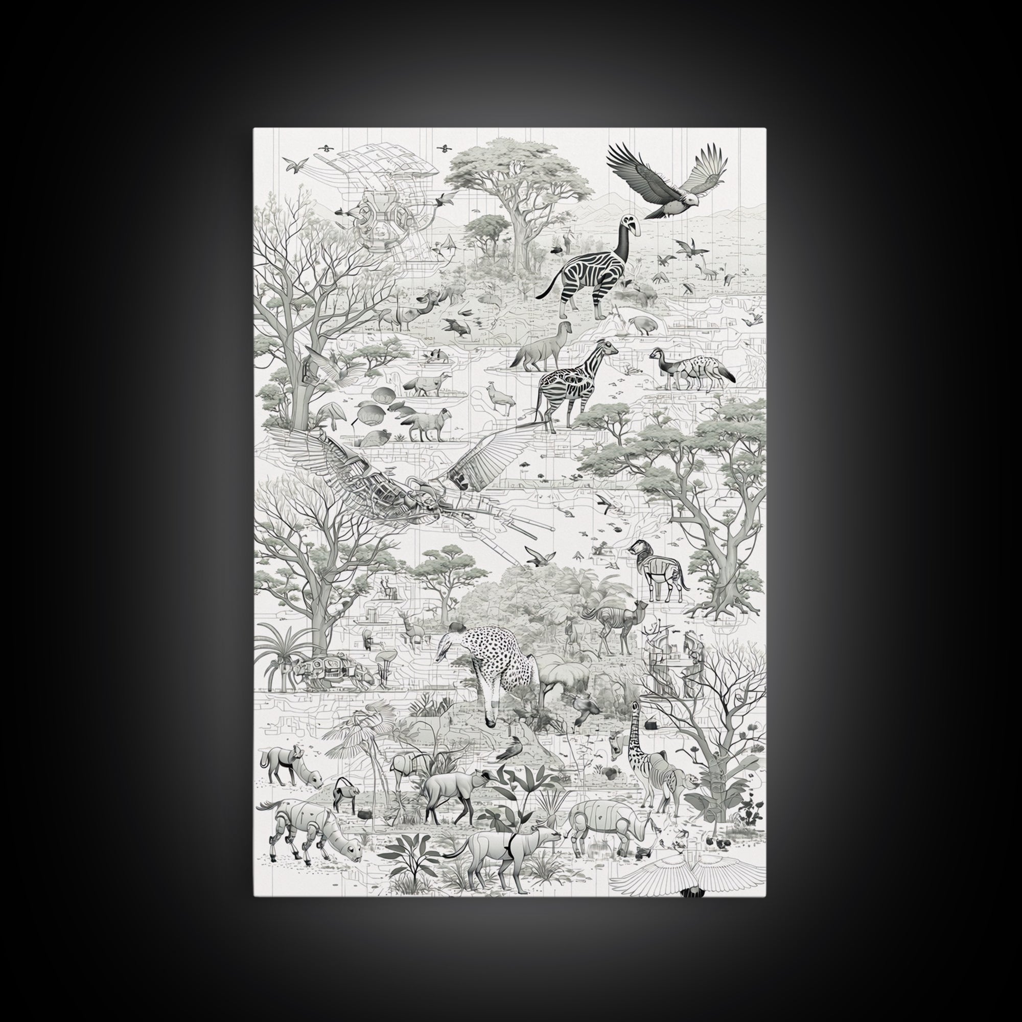 Intricate Monochrome African Safari Map Wall Art, Serengeti Animals, Elephant, Zebra, Giraffe, Travel Inspired Home Decor