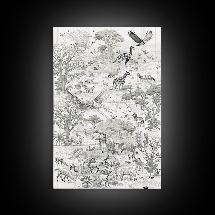 Intricate Monochrome African Safari Map Wall Art, Serengeti Animals, Elephant, Zebra, Giraffe, Travel Inspired Home Decor