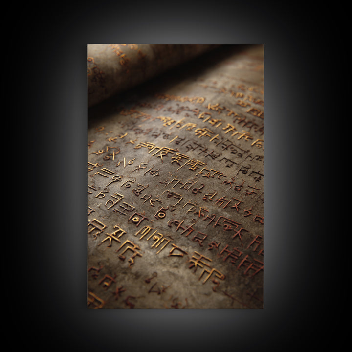 Aged Bronze Ancient Script Framed Canvas Print, Close Up Manuscript, Cultural Wall Art, Earth Tone Office Decor Gift For Study
