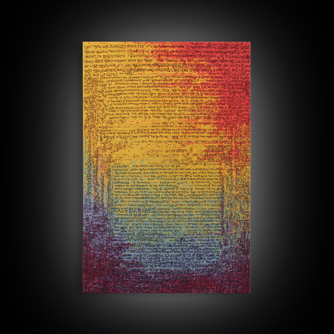Colorful Gradient Ancient Manuscript Wall Art, Red Yellow Blue Abstract Script, Modern Canvas Print, Vibrant Home Decor Gift